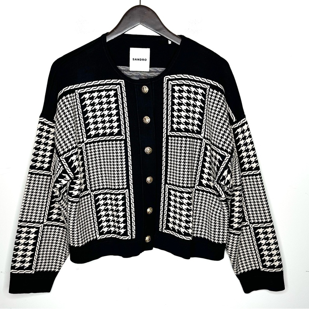 Sandro Jules Houndstooth Cropped Cardigan Black & Cream Size Large - Picture 4 of 13